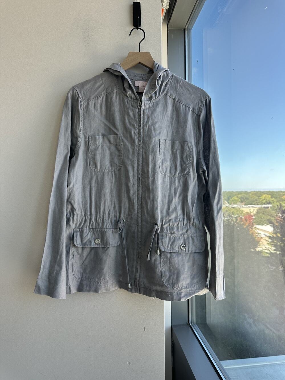 St. Tropez West 100% Linen Zip Up Coastal Jacket Gray Lightweight Sz L